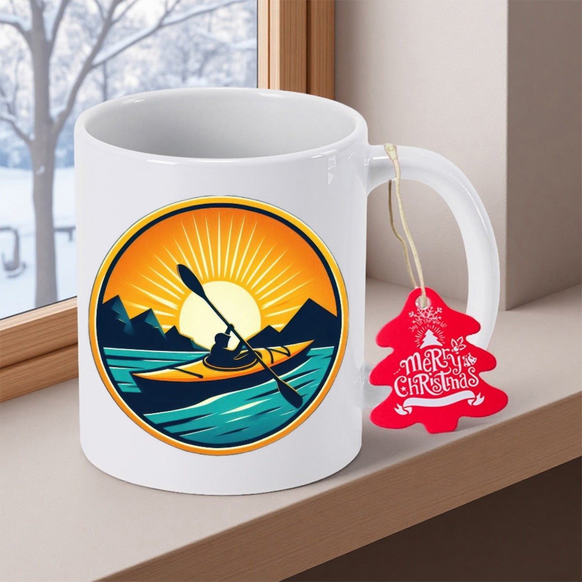 Tailorly White Ceramic 11 oz Mug - Peaceful Person Paddling Across Serene Lake During A Bright Golden Sunset Kayak