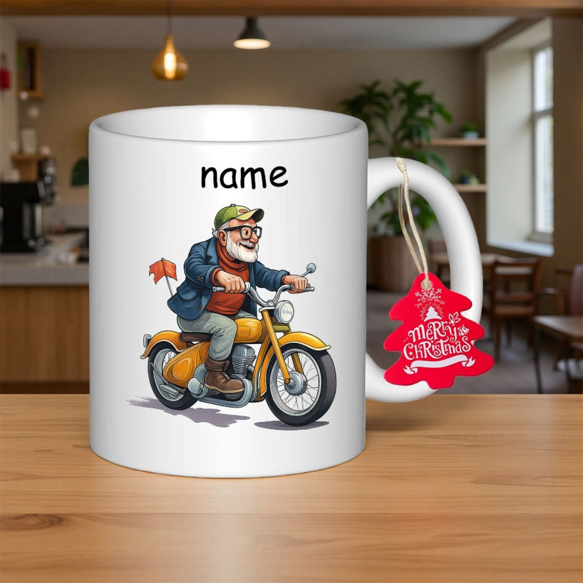 Tailorly White Ceramic 11 oz Mug - Name Merry Christmas Elderly Man With White Beard Riding Classic Yellow Motorcycle