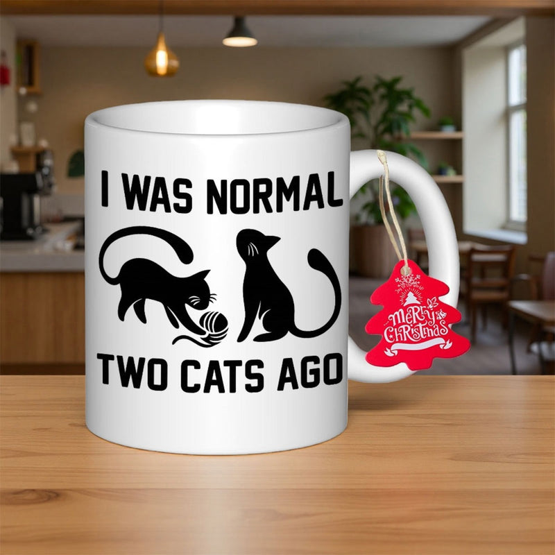 Tailorly White Ceramic 11 oz Mug - I Was Normal Two Cats Ago Two Playful Black Feline Silhouettes Pouncing Toward A Yarn Ball Cat