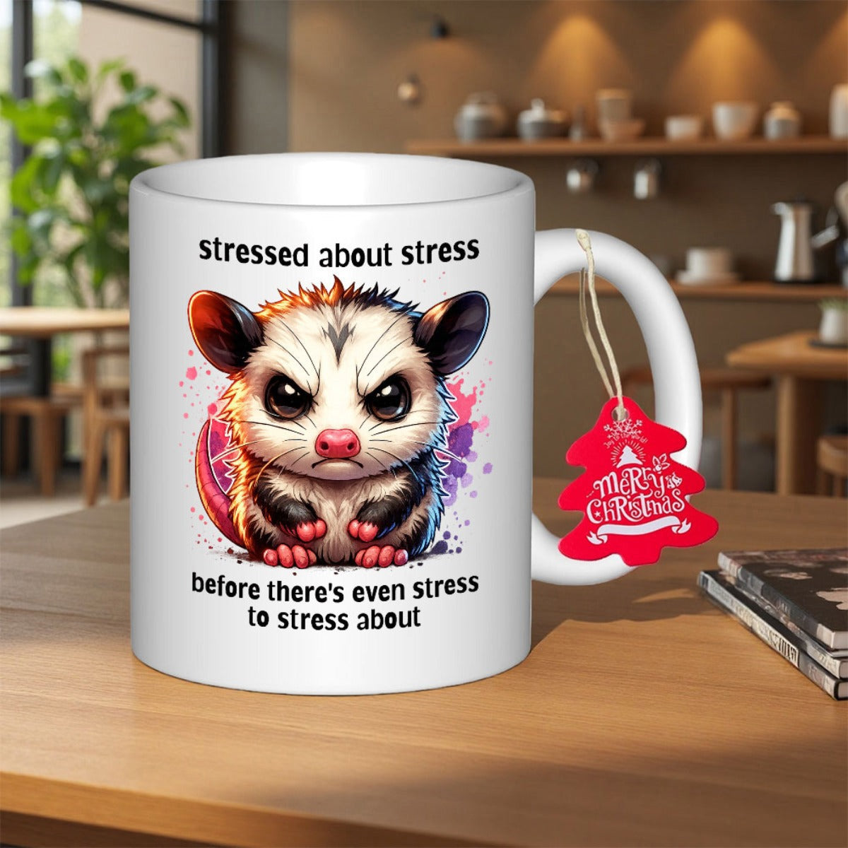 Tailorly White Ceramic 11 oz Mug - Stressed About Stress Before There's Even Stress To Stress About Angry Cartoon Marsupial With Vibrant Colorful Splatter