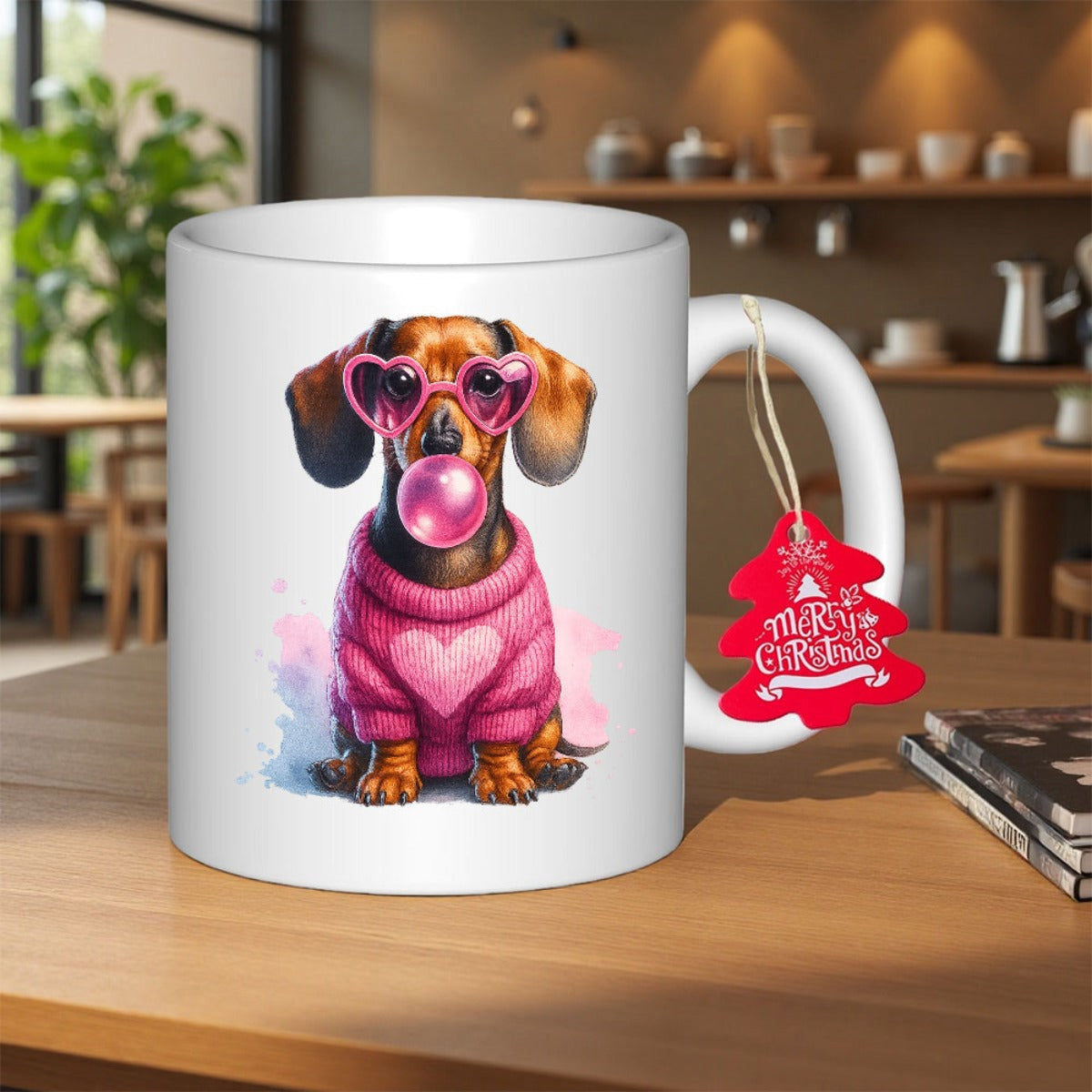 Tailorly White Ceramic 11 oz Mug - Merry Christmas Charming Little Dachshund Wearing Pink Heart Glasses Blowing Sweet Bubblegum Dachshund