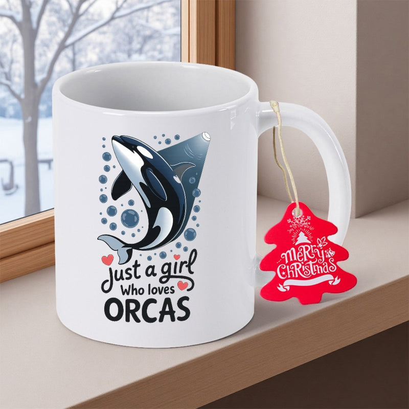 Tailorly White Ceramic 11 oz Mug - Just A Girl Who Loves Orcas Majestic Jumping Killer Whale Surrounded By Playful Bubbles And Small Pink Hearts Orca