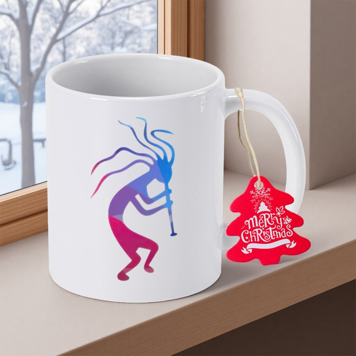 Tailorly White Ceramic 11 oz Mug - Merry Christmas Vibrant Gradient Silhouette Of A Dancing Humpbacked Flute Player Kokopelli