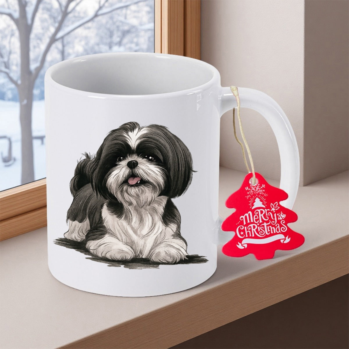 Tailorly White Ceramic 11 oz Mug - Merry Christmas Fluffy Black And White Dog Resting Comfortably On A Snowy Day Shih Tzu