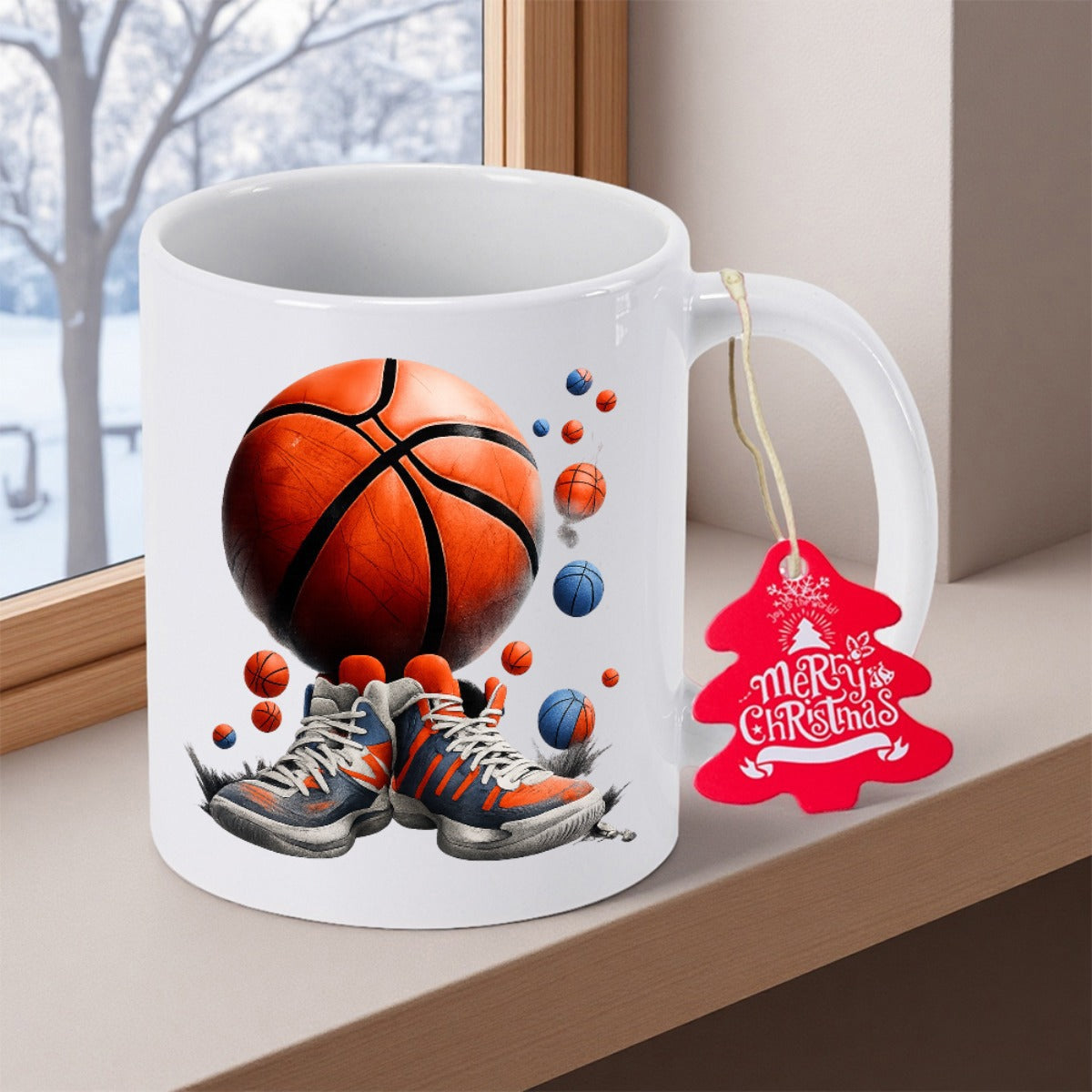 Tailorly White Ceramic 11 oz Mug - Merry Christmas Sporty Athletic Sneakers Resting Underneath A Detailed Orange Basketball