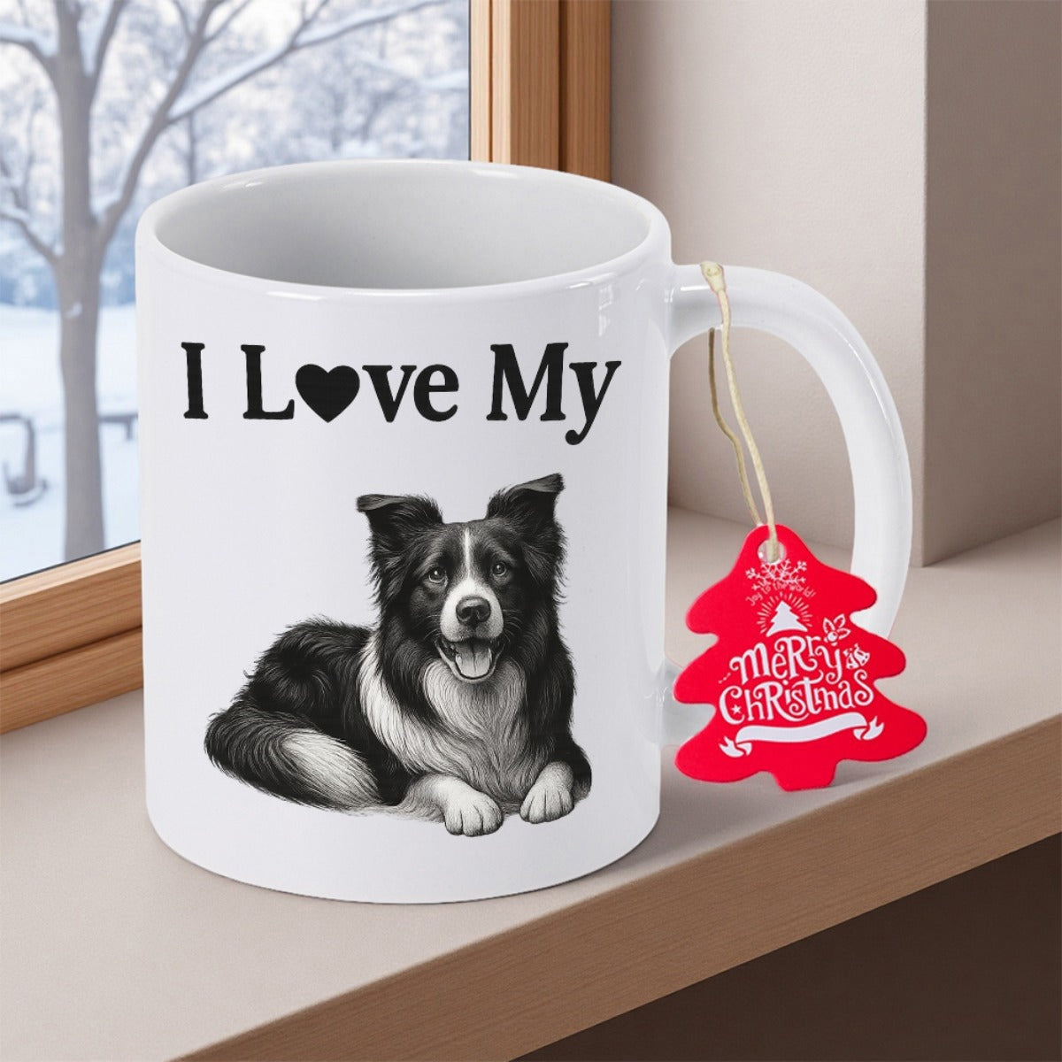 Tailorly White Ceramic 11 oz Mug - I Love My Beautiful Realistic Black And White Dog Resting Peacefully On A Surface Border Collie