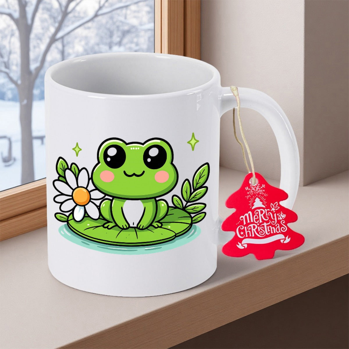 Tailorly White Ceramic 11 oz Mug - Merry Christmas Charming Cartoon Animal Resting Upon Green Lily Pad Beside White Flower Frog