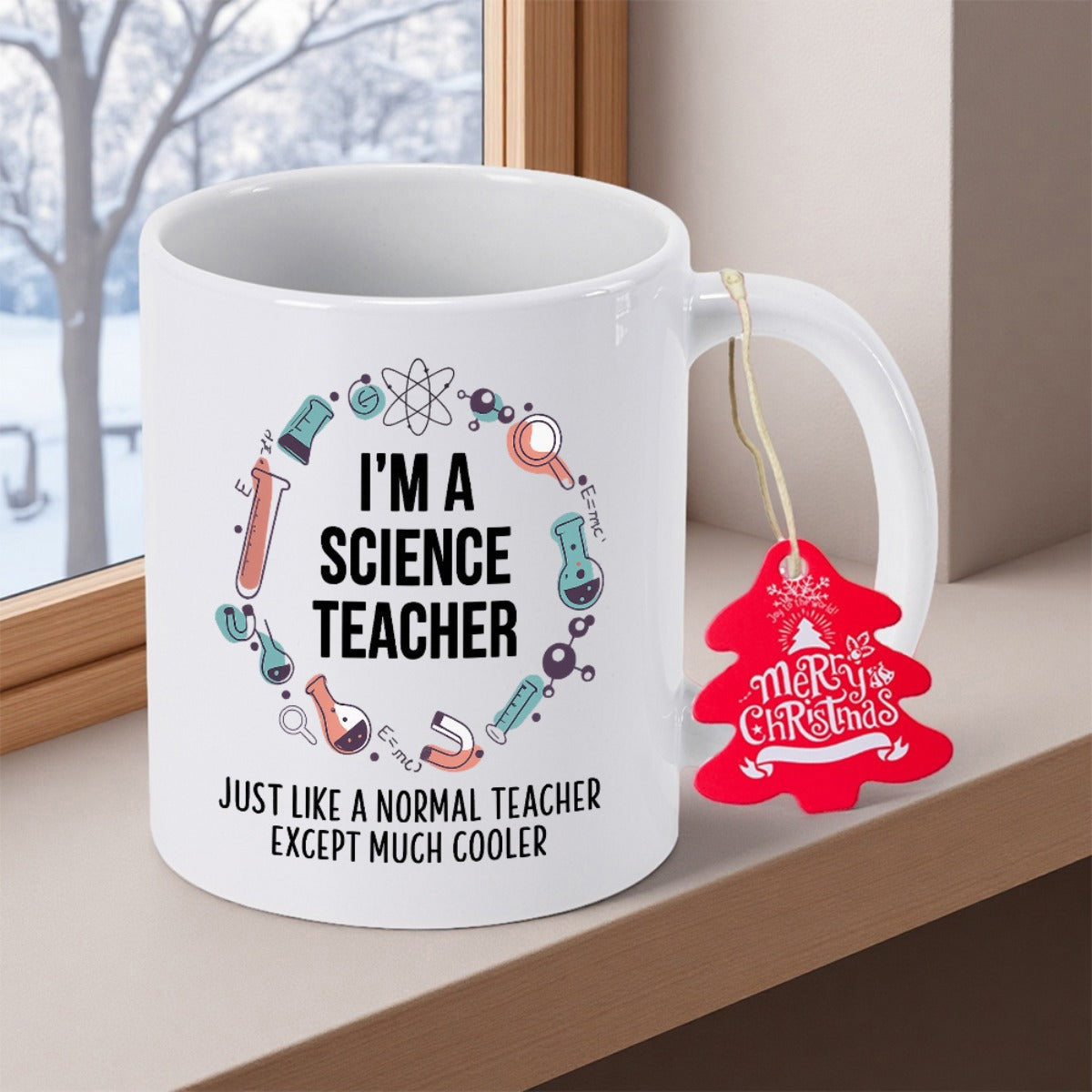 Tailorly White Ceramic 11 oz Mug - Im A Science Teacher Just Like A Normal Teacher Except Much Cooler Various Laboratory Equipment Icons Arranged In A Circular