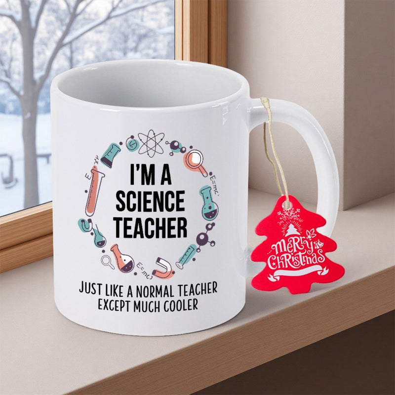 Tailorly White Ceramic 11 oz Mug - Im A Science Teacher Just Like A Normal Teacher Except Much Cooler Various Laboratory Equipment Icons Arranged In A Circular