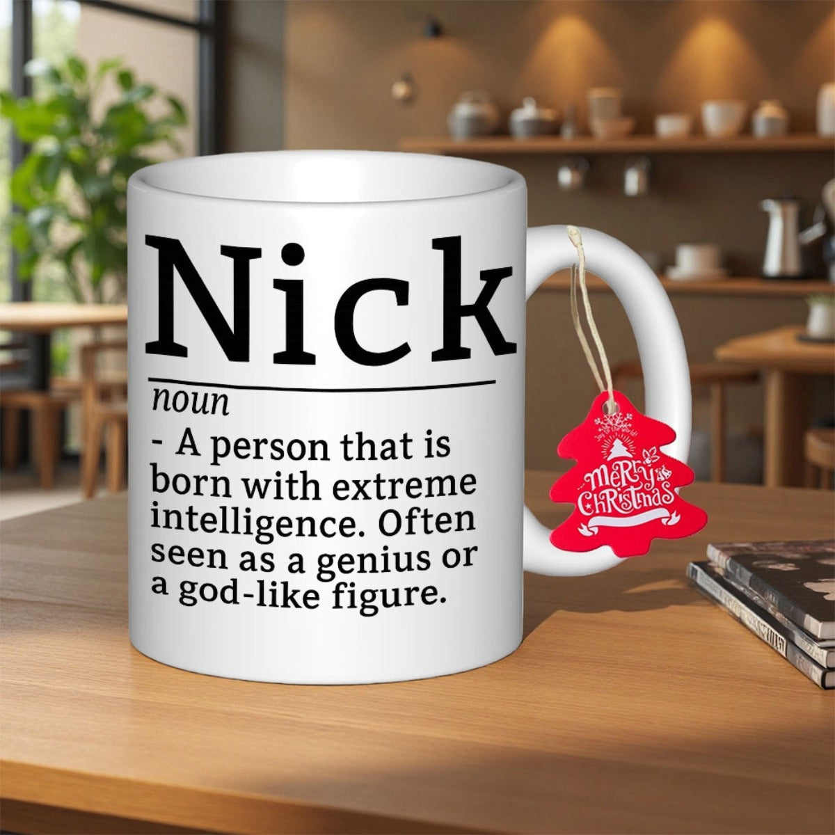 Tailorly White Ceramic 11 oz Mug - Nick A Person Born With Extreme Intelligence Genius God Like Figure Minimalist White Ceramic Vessel Displaying Bold Black