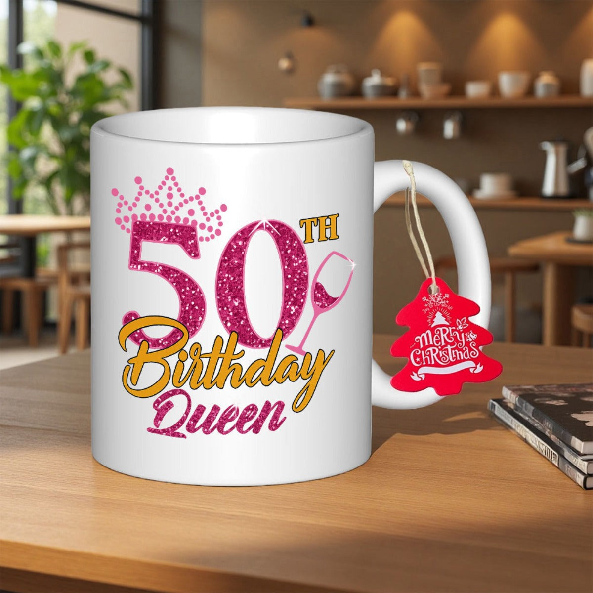 Tailorly White Ceramic 11 oz Mug - 50th Birthday Queen Shimmering Pink Tiara And Elegant Wine Glass Celebrating A Milestone Fifty Queen