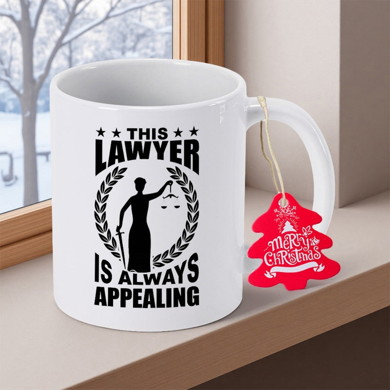 Tailorly White Ceramic 11 oz Mug - This Lawyer Is Always Appealing Elegant Silhouette Holding Scales Of Justice And Sword Within Laurel Wreath Lady Justice