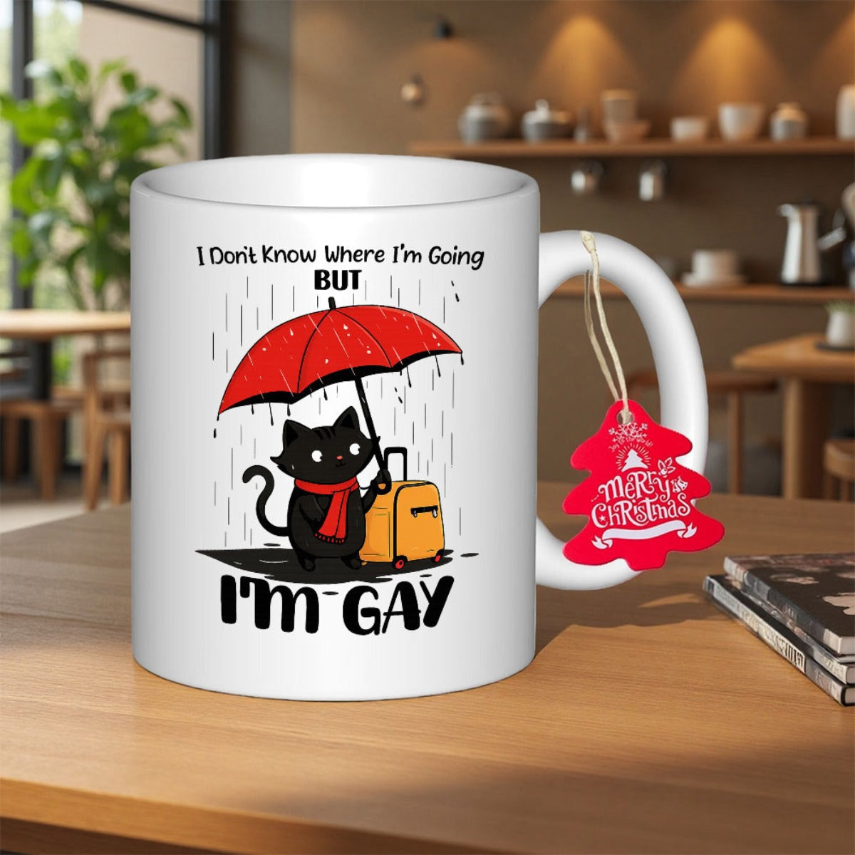 Tailorly White Ceramic 11 oz Mug - I Don't Know Where I'm Going But I'm Gay Adorable Black Kitten Holding Red Umbrella Standing In Rainfall With Suitcase Cat