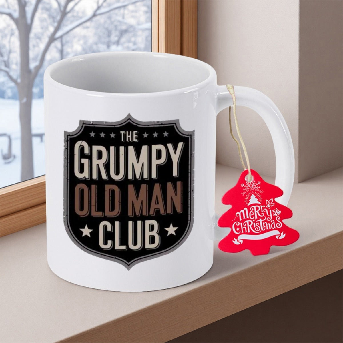 Tailorly White Ceramic 11 oz Mug - The Grumpy Old Man Club Distressed Vintage Style Shield Featuring Bold Lettering And Decorative Symmetrical Stars Shield