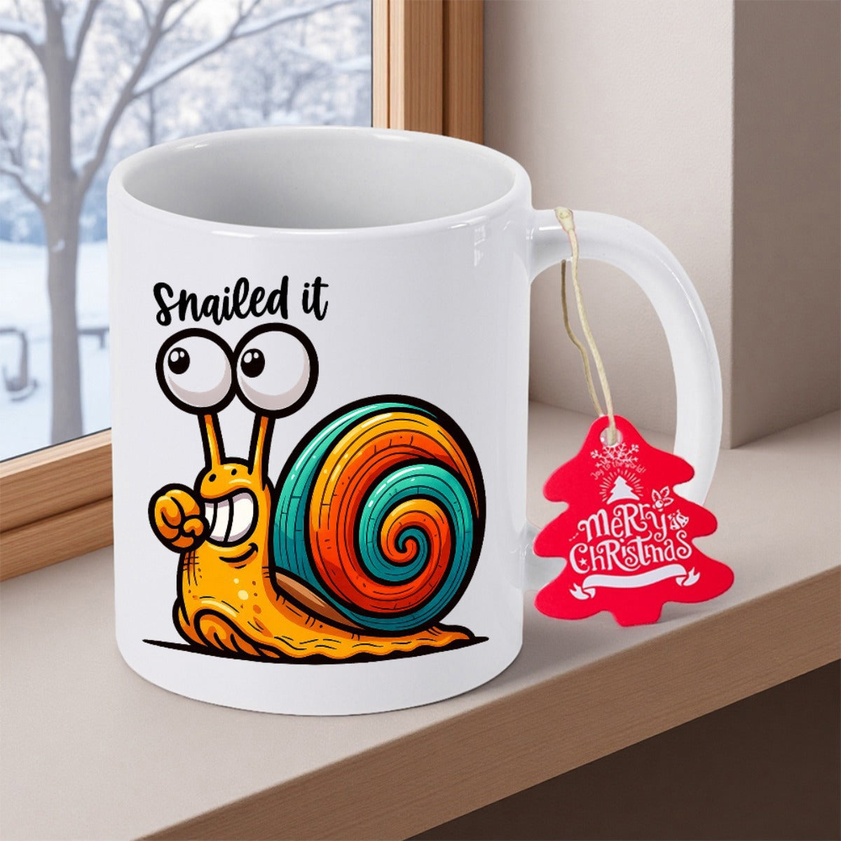 Tailorly White Ceramic 11 oz Mug - Snailed It Cheerful Cartoon Figure With Vibrant Swirling Spiral Multi Color Shell Snail