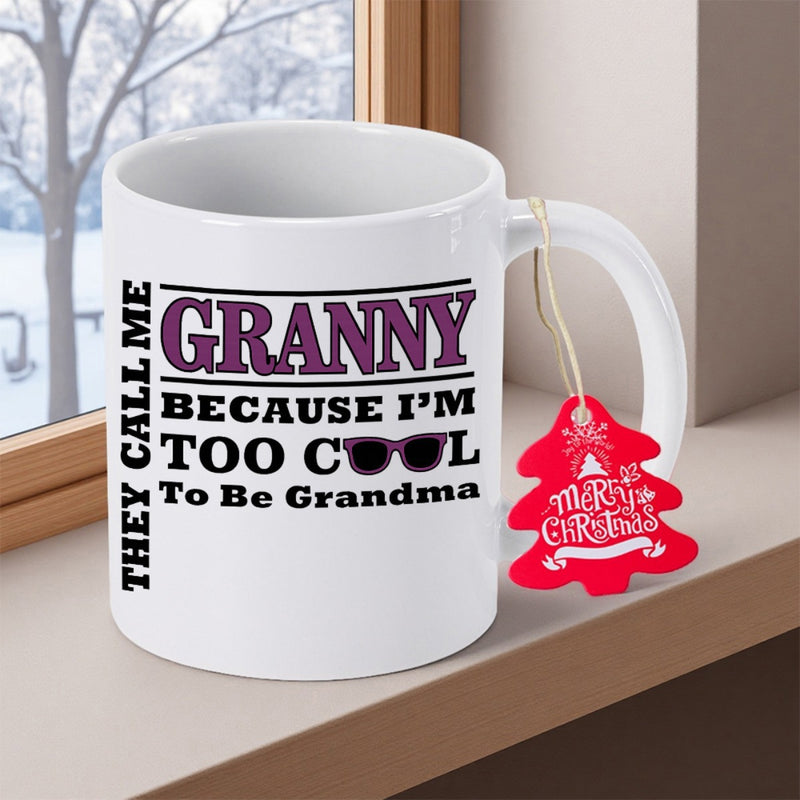 Tailorly White Ceramic 11 oz Mug - They Call Me Granny Because Im Too Cool To Be Grandma Bold Typography Combined With A Simple Black Sunglasses Silhouette Graphic