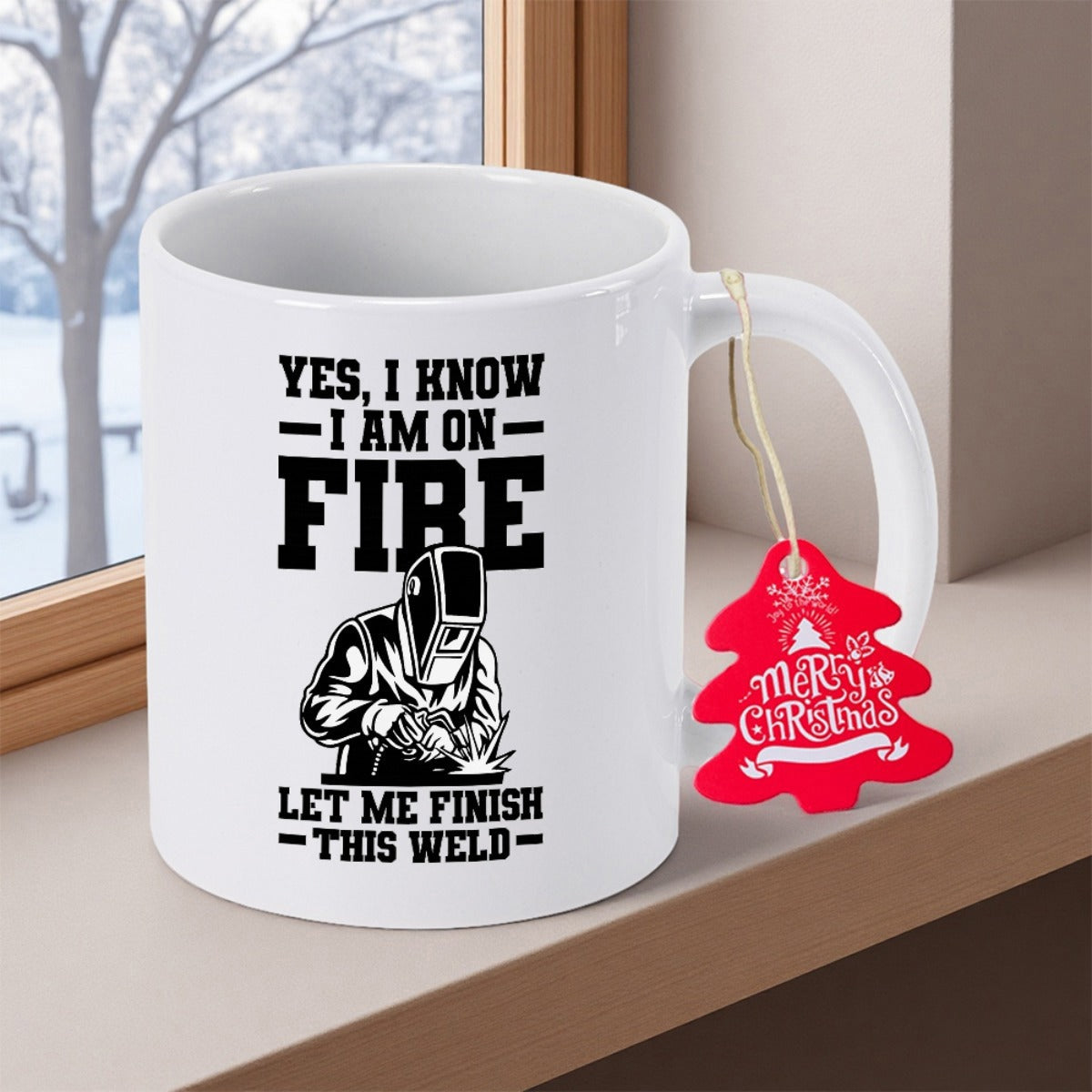 Tailorly White Ceramic 11 oz Mug - Yes I Know I Am On Fire Let Me Finish This Weld Detailed Black Ink Illustration Of Professional Worker Wearing Protective Safety