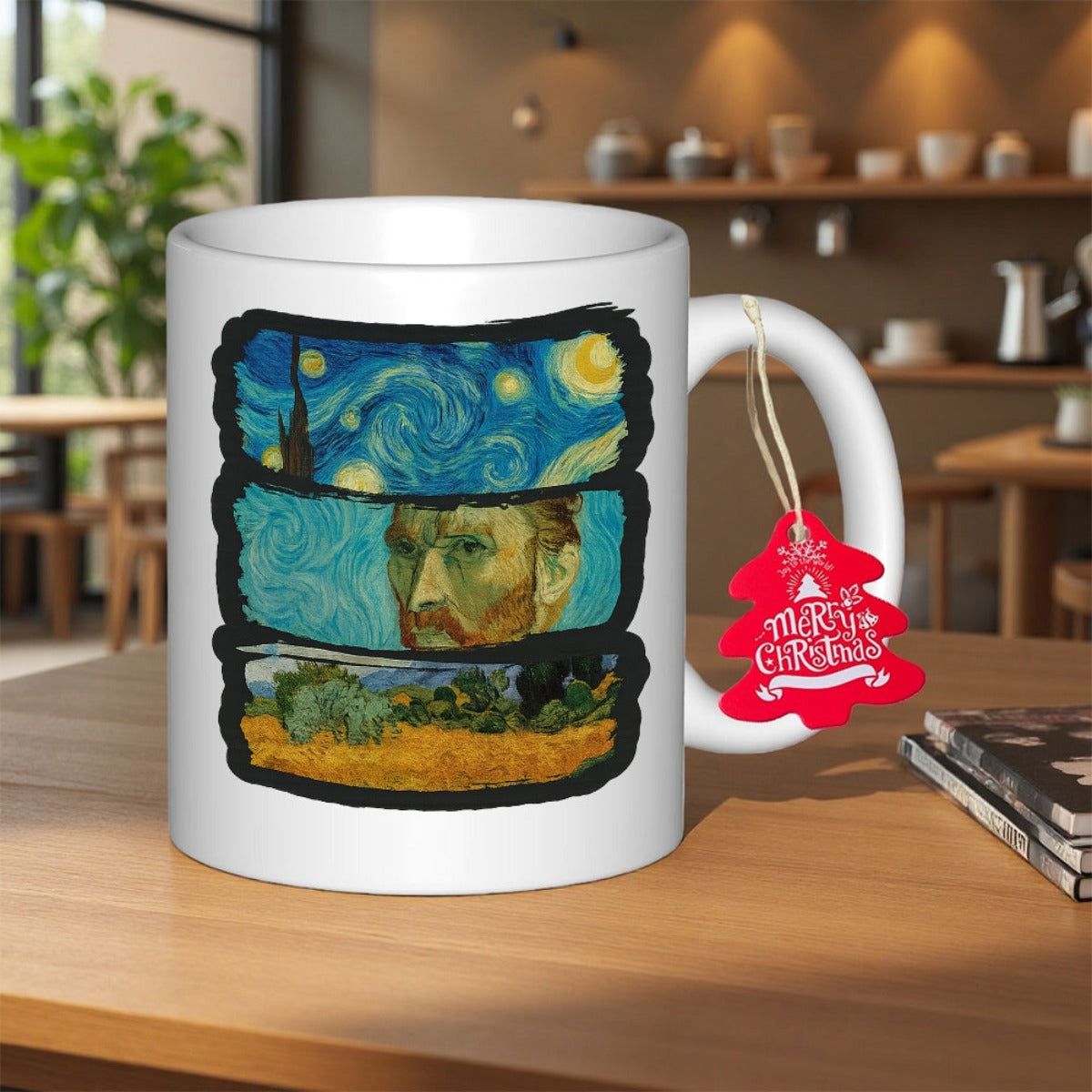 Tailorly White Ceramic 11 oz Mug - Merry Christmas Classic Artistic Impressionist Style With Starry Night Swirls And Vibrant Colors Portrait