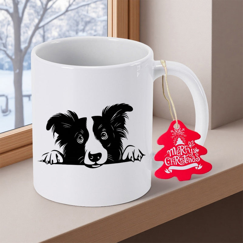 Tailorly White Ceramic 11 oz Mug - Merry Christmas Black And White Border Collie Peeking Over Edge Minimalist Sketch Style Dog