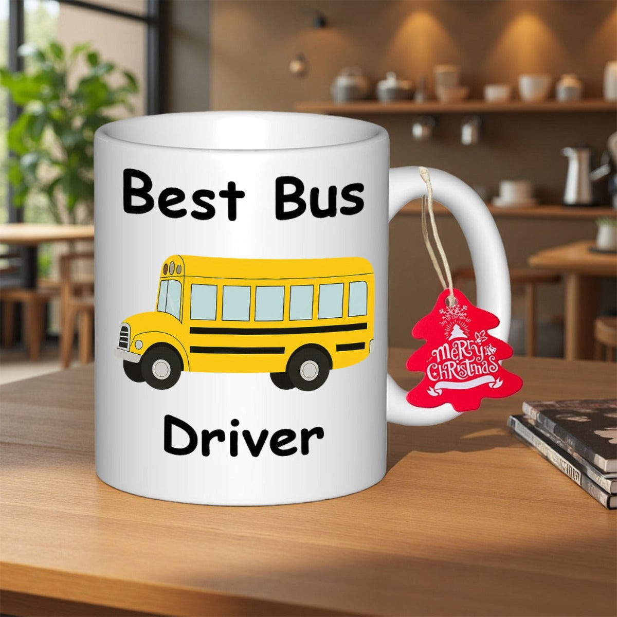 Tailorly White Ceramic 11 oz Mug - Best Bus Driver Iconic Yellow Educational Vehicle Driving Along A Sunny Suburban Road Bus