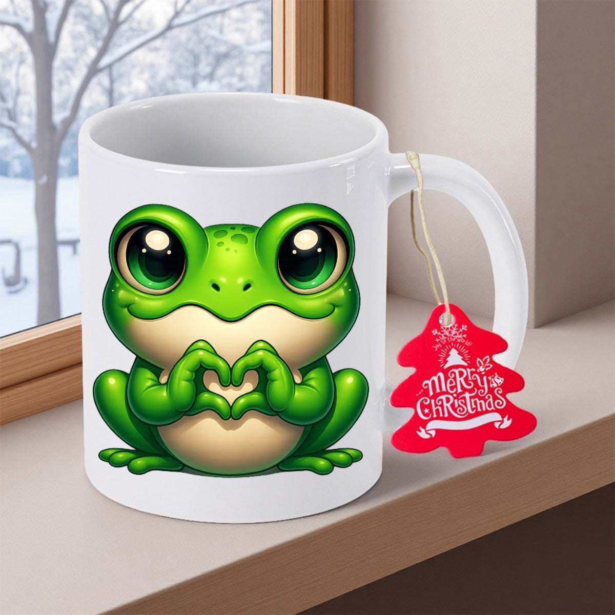 Tailorly White Ceramic 11 oz Mug - Merry Christmas Cute Green Cartoon Character Making Heart Shape With Little Paws Tiny Frog