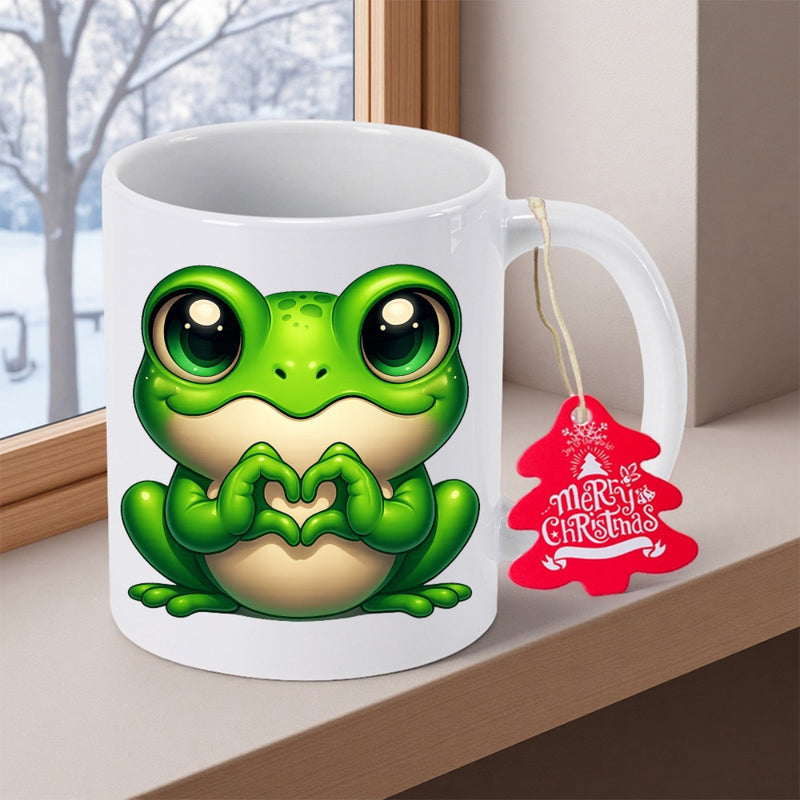 Tailorly White Ceramic 11 oz Mug - Merry Christmas Cute Green Cartoon Character Making Heart Shape With Little Paws Tiny Frog