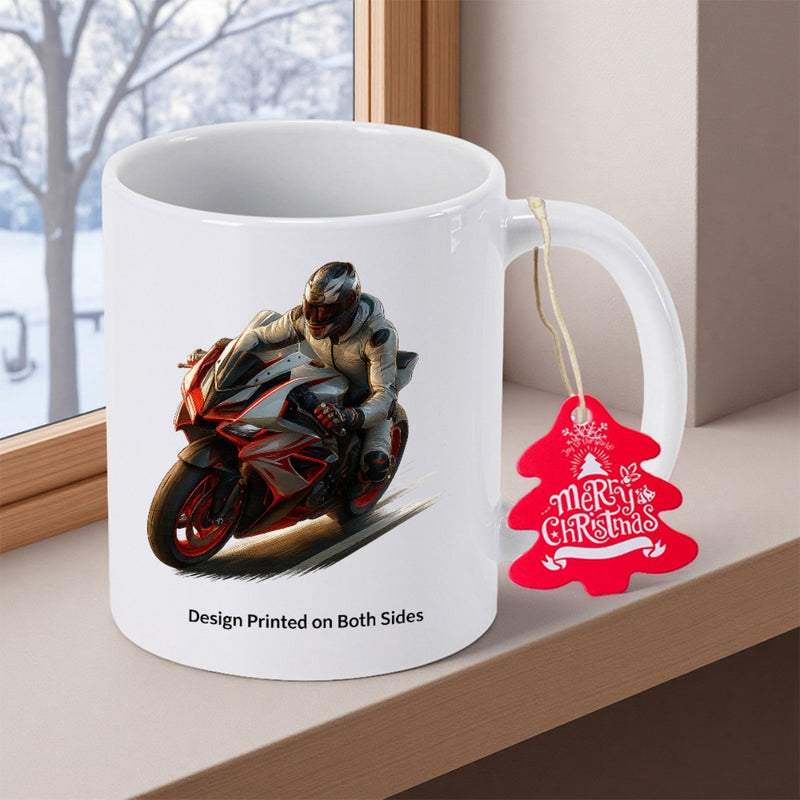 Tailorly White Ceramic 11 oz Mug - Design Printed On Both Sides Merry Christmas Sleek Red Sportbike Speeding With Rider In Full Racing Gear Motorcycle