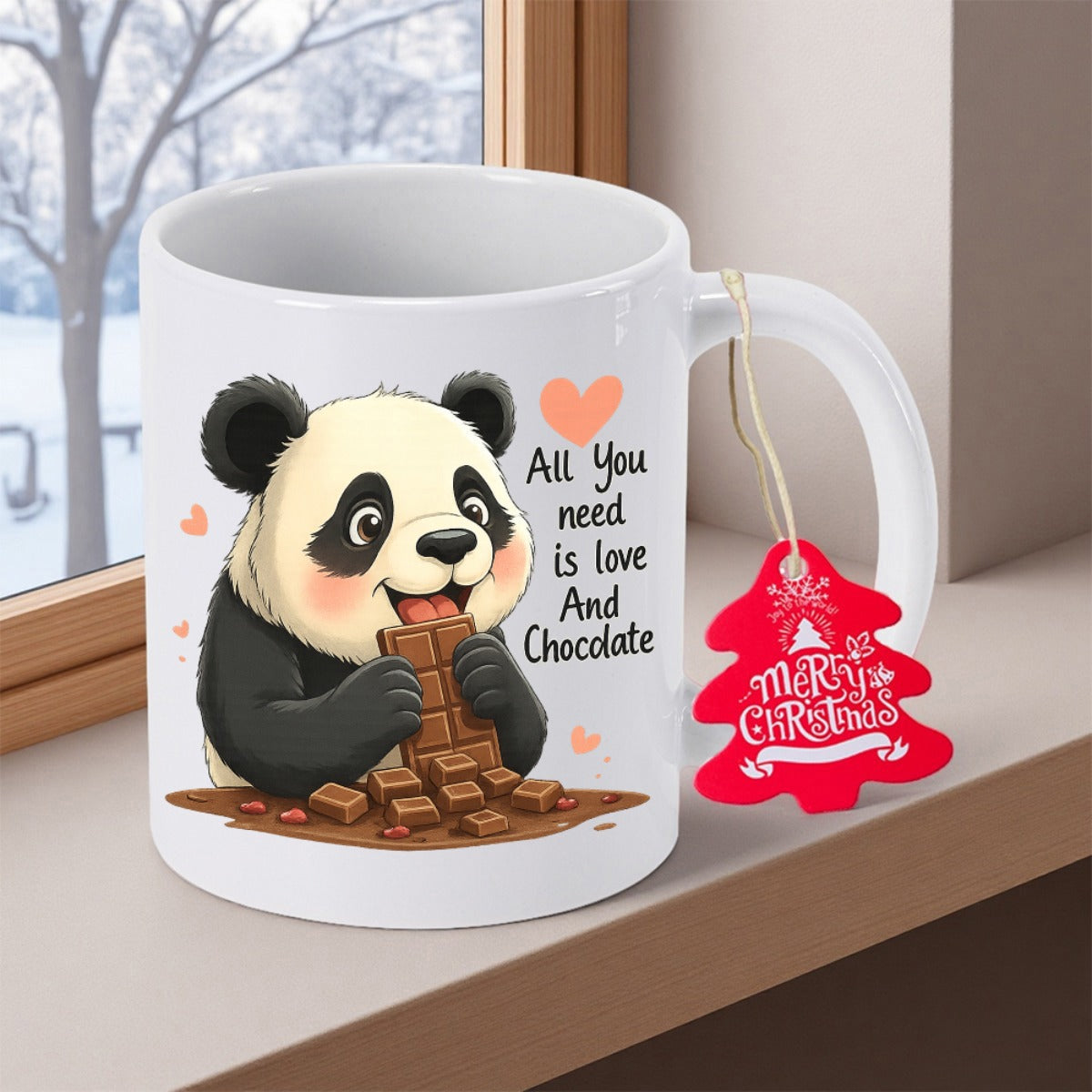 Tailorly White Ceramic 11 oz Mug - All You Need Is Love And Chocolate Merry Christmas Adorable Cartoon Animal Eating Delicious Sweet Brown Chocolate Bars Among