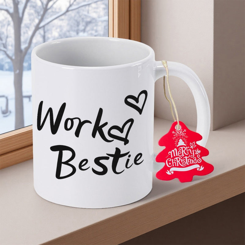 Tailorly White Ceramic 11 oz Mug - Work Bestie Minimalist White Ceramic With Two Heart Outlines Resting On A Windowsill Mug