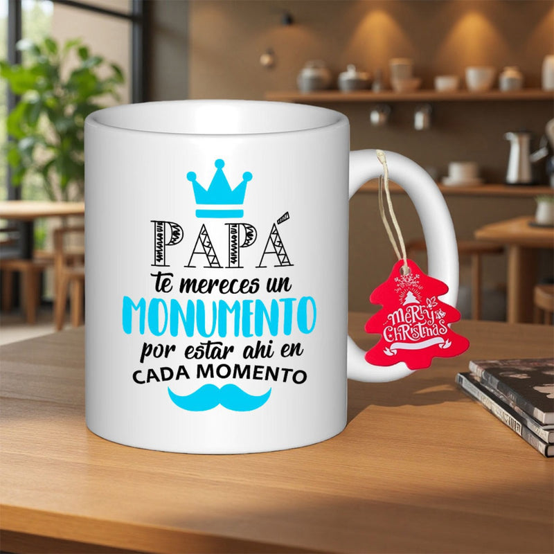 Tailorly White Ceramic 11 oz Mug - Merry Christmas Royal Blue Crown Floating Over A Stylized Graphic Mustache Crown