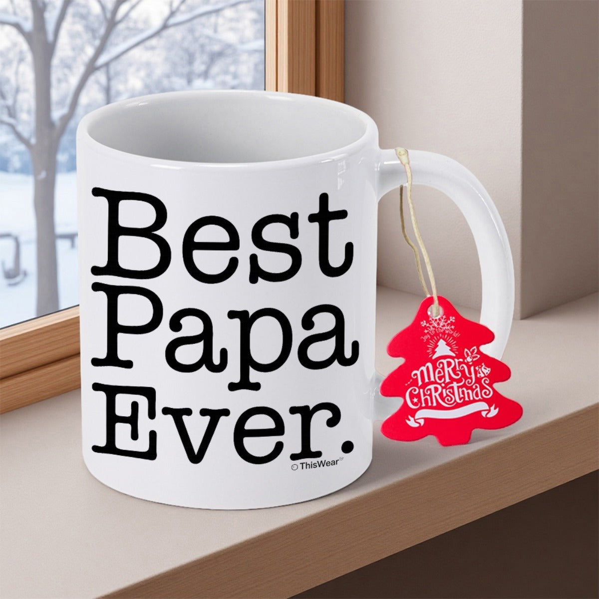 Tailorly White Ceramic 11 oz Mug - Best Papa Ever Merry Christmas Ceramic Surface With Bold Black Typography Resting On A Wooden Windowsill Mug