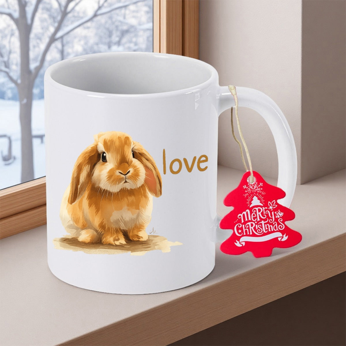 Tailorly White Ceramic 11 oz Mug - Love Merry Christmas Adorable Fluffy Brown Lop Eared Animal Sitting In Soft Natural Light Rabbit