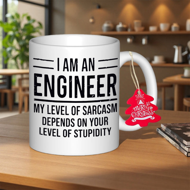 Tailorly White Ceramic 11 oz Mug - I Am An Engineer My Level Of Sarcasm Depends On Your Level Of Stupidity Minimalist White Ceramic With Bold Black Sarcastic