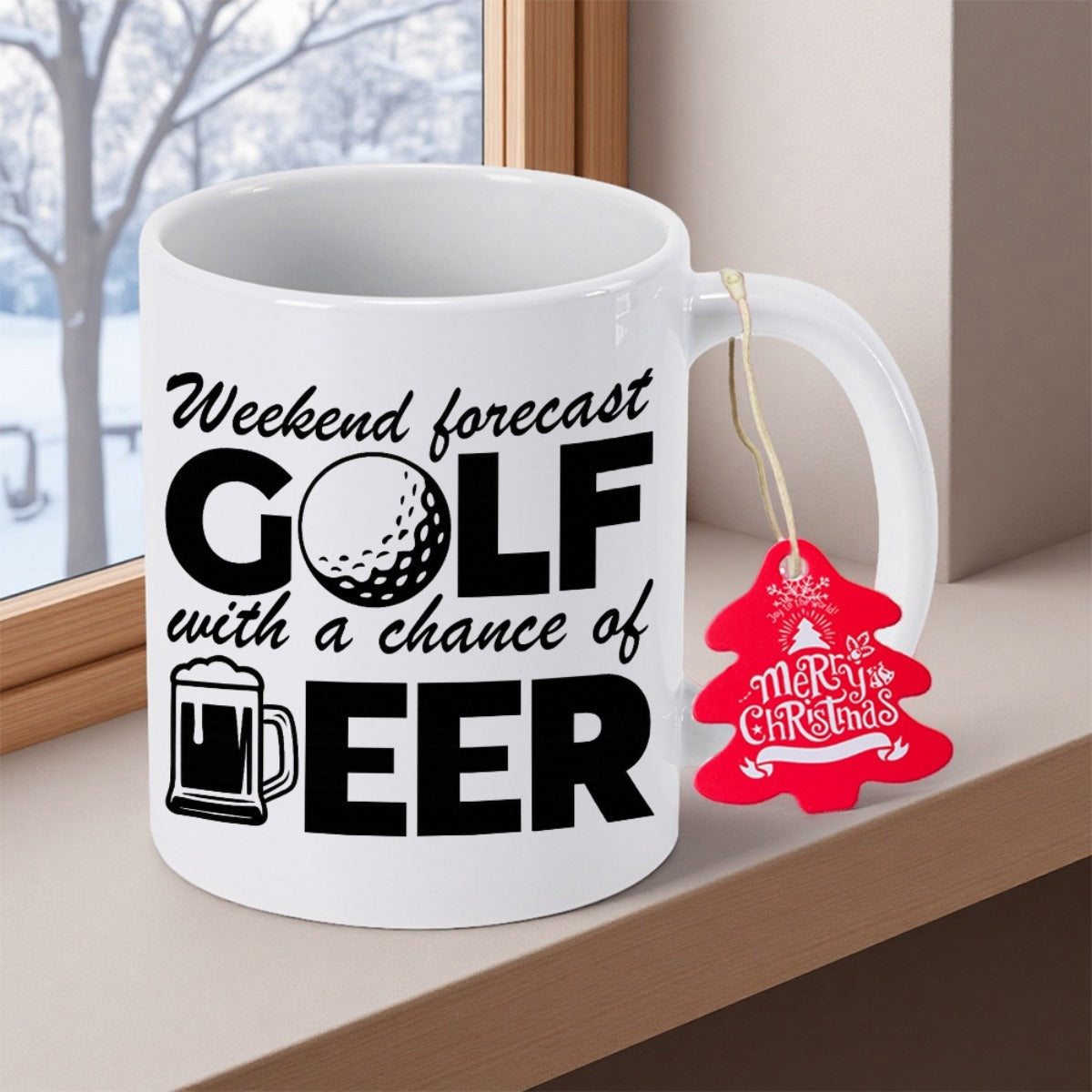 Tailorly White Ceramic 11 oz Mug - Weekend Forecast Golf With A Chance Of Beer Minimalist Black Ink Illustration On A Smooth Polished Mug