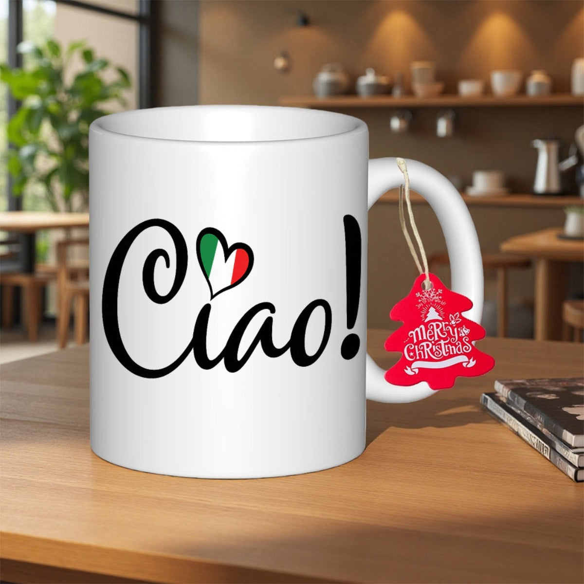 Tailorly White Ceramic 11 oz Mug - Ciao Minimalist White Ceramic With Italian Flag Heart And Artistic Script Mug