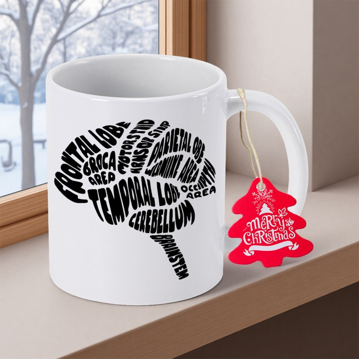 Tailorly White Ceramic 11 oz Mug - Frontal Lobe Temporal Lobe Minimalist Black Typography Showing Complex Cognitive Anatomy Structure Brain