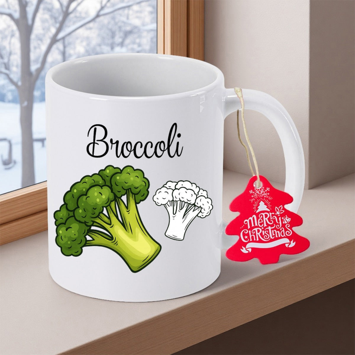 Tailorly White Ceramic 11 oz Mug - Broccoli Fresh Green Organic Vegetable Illustration With A Smaller Detailed Cauliflower Broccoli