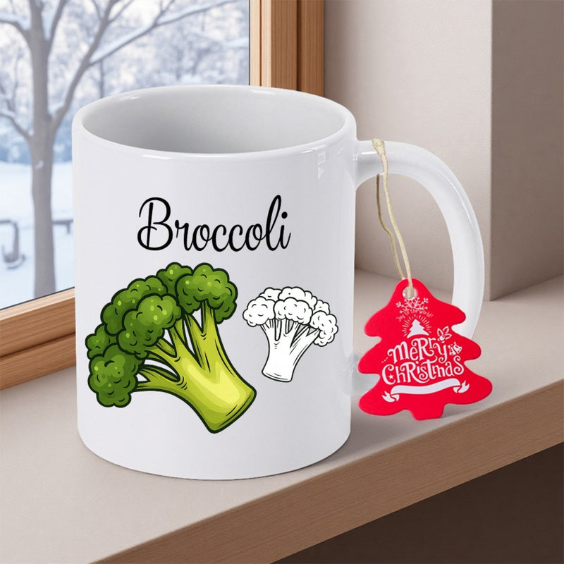 Tailorly White Ceramic 11 oz Mug - Broccoli Fresh Green Organic Vegetable Illustration With A Smaller Detailed Cauliflower Broccoli