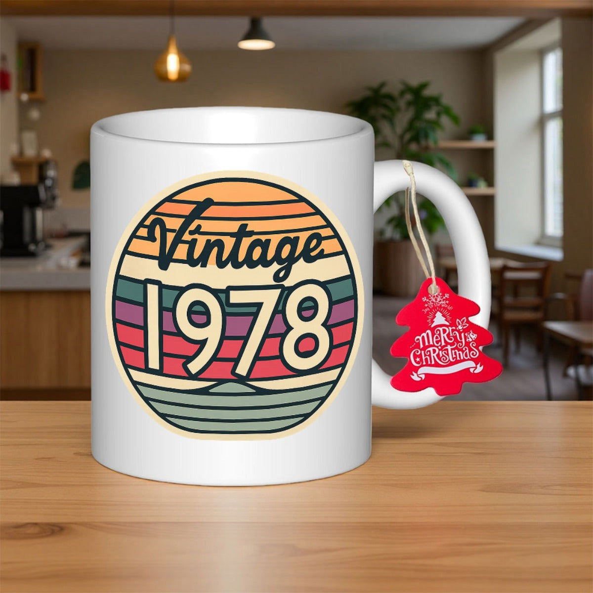 Tailorly White Ceramic 11 oz Mug - Vintage 1978 Retro Style Circular Graphic Featuring Colorful Horizontal Stripes And Distressed Texture Sunset