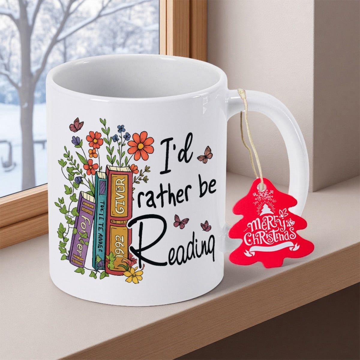 Tailorly White Ceramic 11 oz Mug - Id Rather Be Reading Colorful Vintage Books Adorned With Wildflowers And Small Butterflies Fluttering Around Books