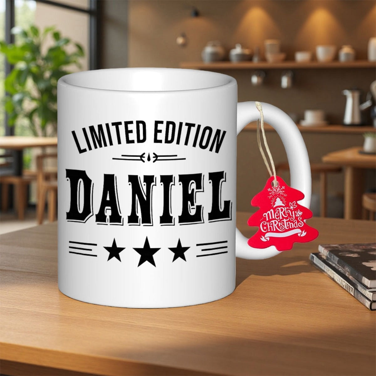 Tailorly White Ceramic 11 oz Mug - Limited Edition Daniel Minimalist Black Text With Three Stars On Polished Ceramic Background Mug
