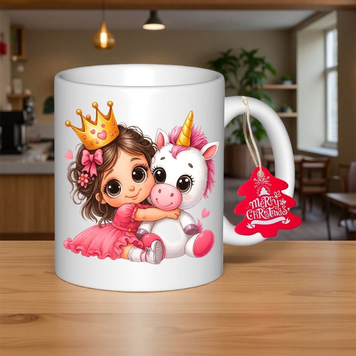 Tailorly White Ceramic 11 oz Mug - Merry Christmas Adorable Cartoon Princess Wearing Golden Crown Hugging A Small Magical Pink Unicorn