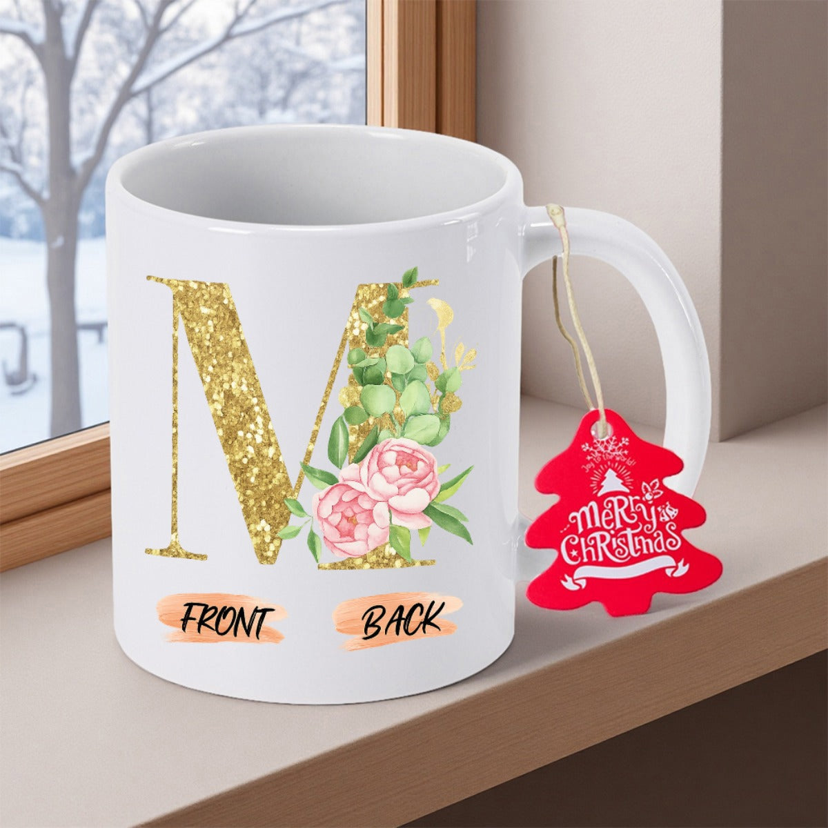 Tailorly White Ceramic 11 oz Mug - Merry Christmas M Shimmering Golden Glitter Surface Adorned With Elegant Pink Blossoming Flowers Letter
