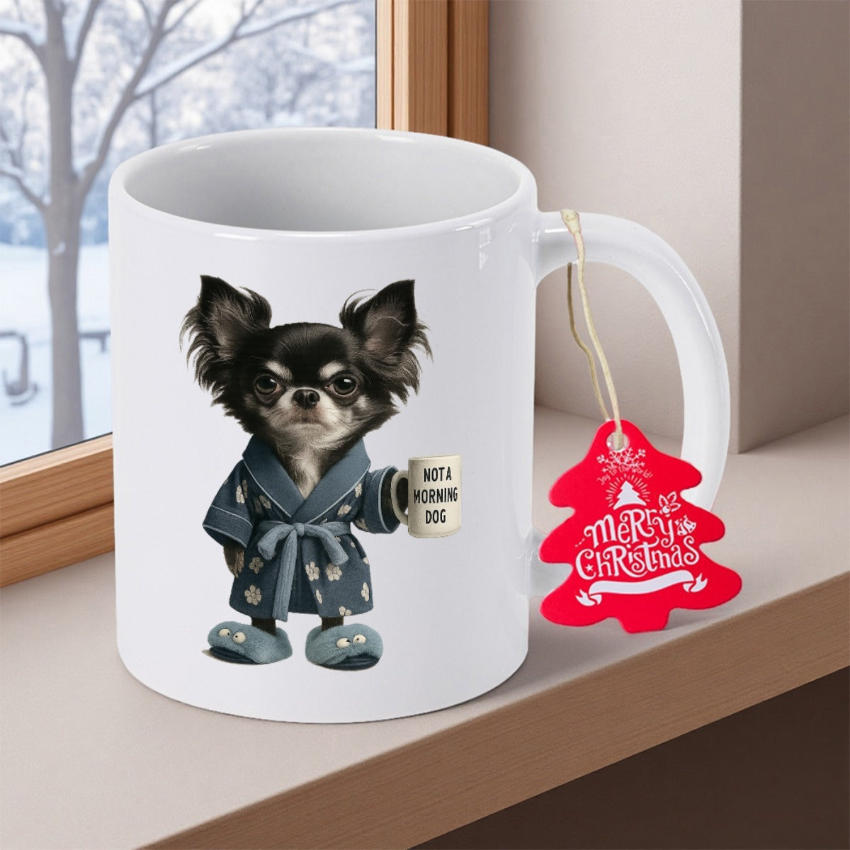 Tailorly White Ceramic 11 oz Mug - Not A Morning Dog Merry Christmas Grumpy Long Haired Chihuahua In Bathrobe Holding Coffee Mug Dog