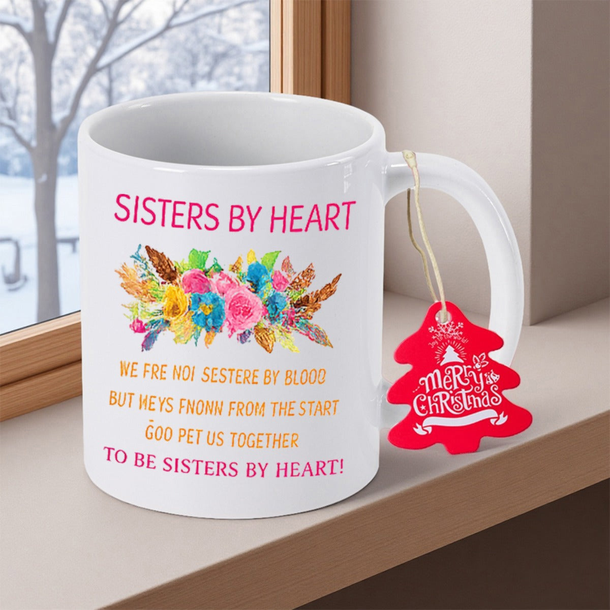 Tailorly White Ceramic 11 oz Mug - Sisters By Heart Vibrant Watercolor Flowers With Feathers And Elegant Blooming Colorful Leaves Bouquet