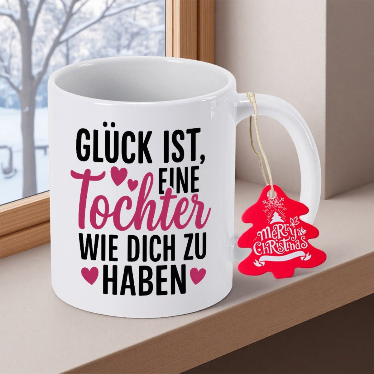 Tailorly White Ceramic 11 oz Mug - Merry Christmas Minimalist White Ceramic With Delicate Pink Hearts And Festive Tag Mug