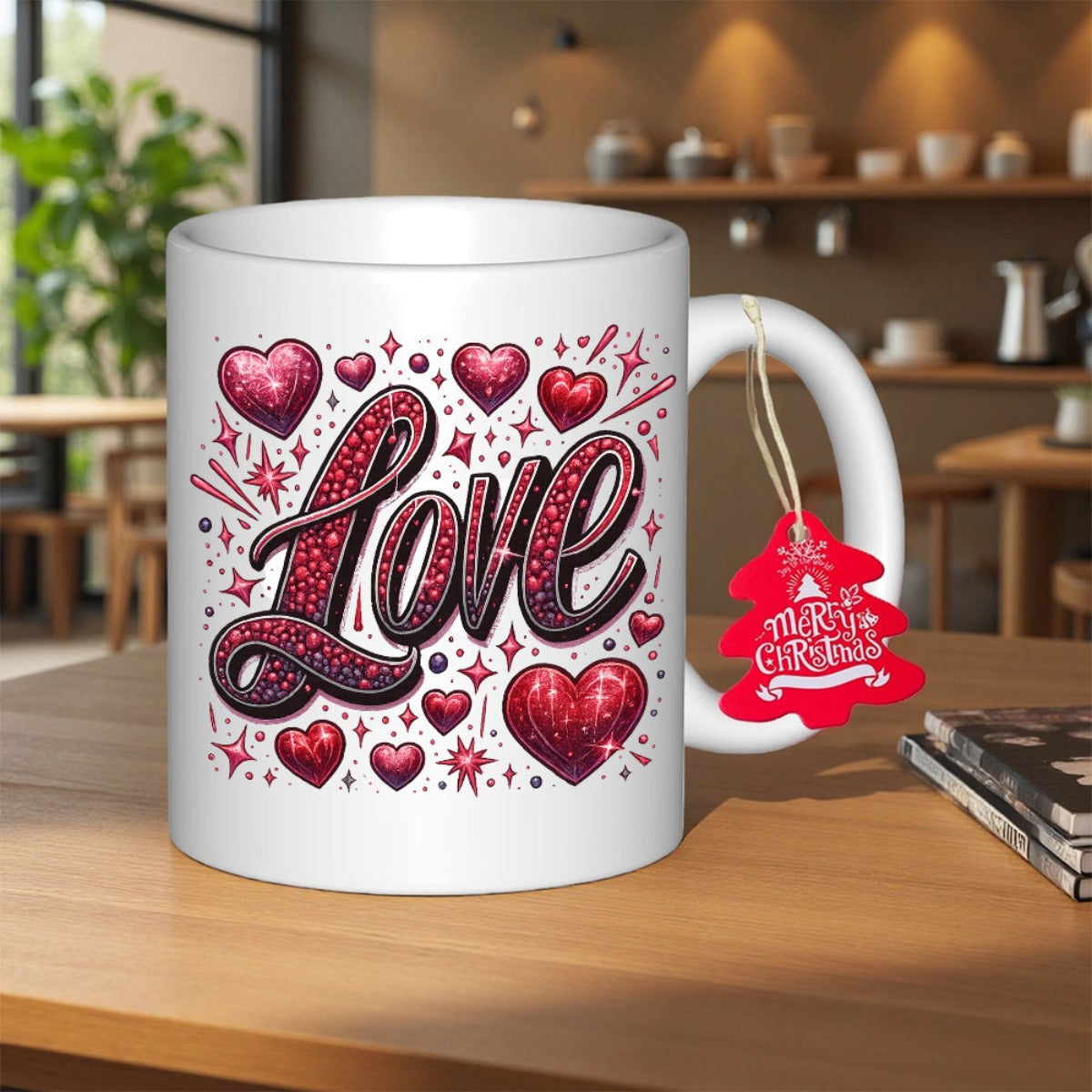 Tailorly White Ceramic 11 oz Mug - Love Romantic Red Glittery Hearts With Sparkles Among Elegant Script Heart