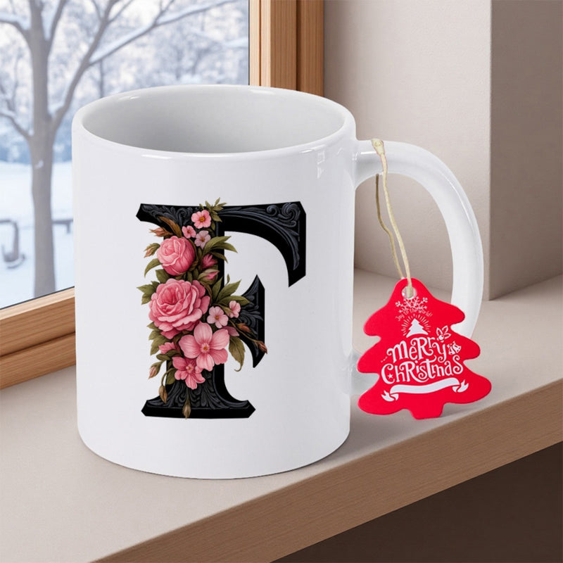 Tailorly White Ceramic 11 oz Mug - F Merry Christmas Elegant Black Letter F Adorned With Blooming Pink Roses And Green Leaves Mug