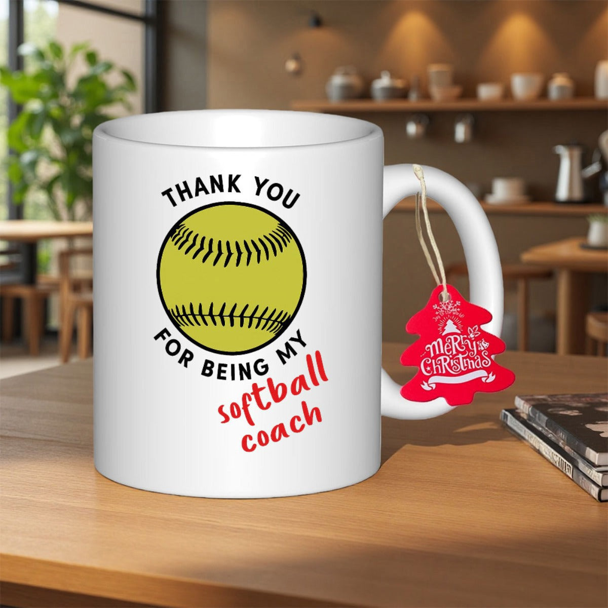 Tailorly White Ceramic 11 oz Mug - Thank You For Being My Softball Coach Vibrant Yellow Sphere With Detailed Black Seam Stitching Softball