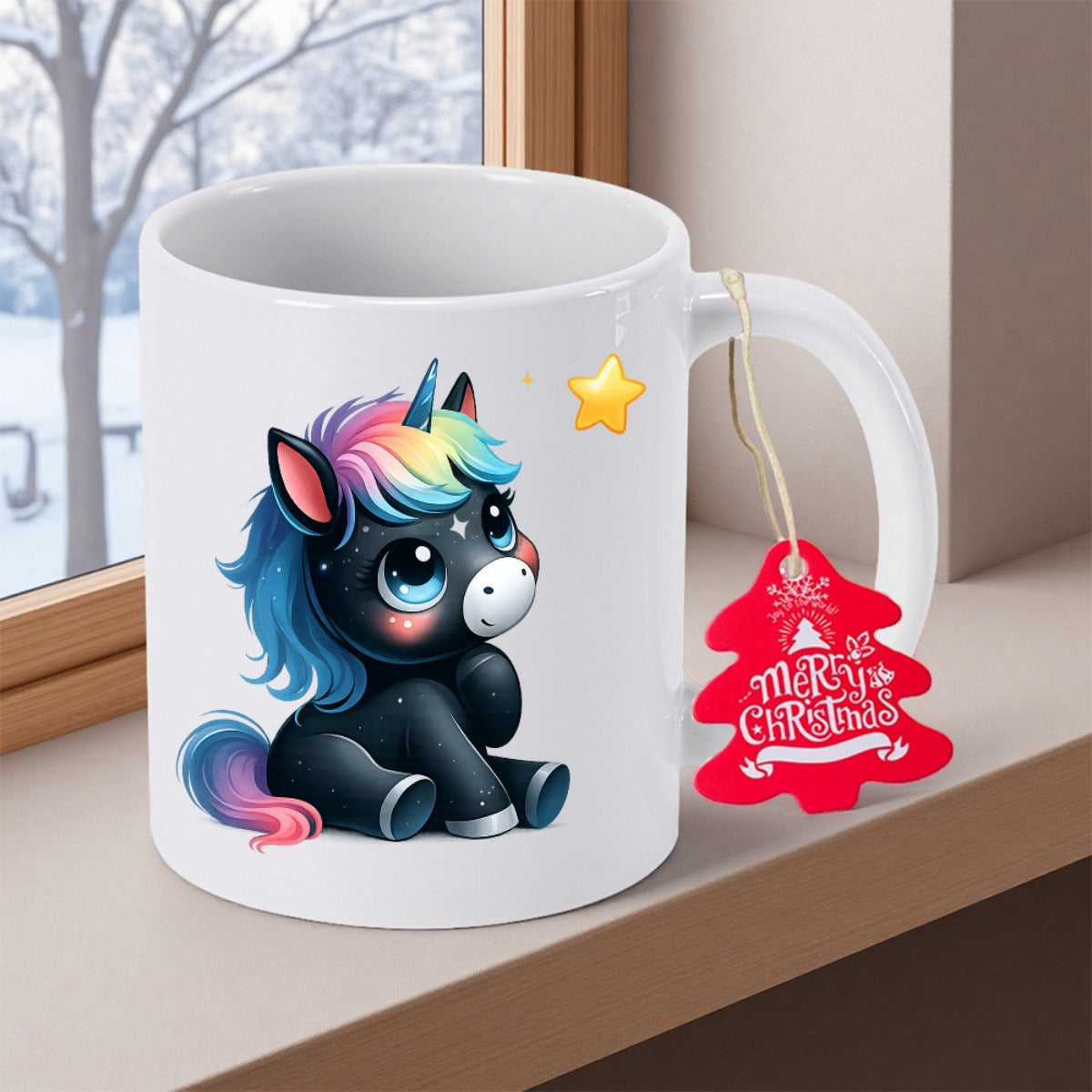 Tailorly White Ceramic 11 oz Mug - Merry Christmas Adorable Black Unicorn With Rainbow Mane And Tail Sitting Under Star Unicorn